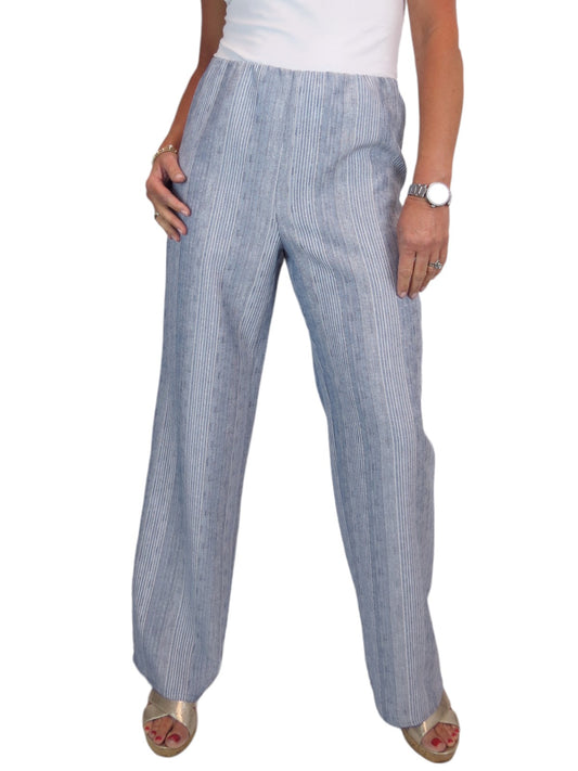 Women's Wide Leg Striped Linen Trousers Denim Blue