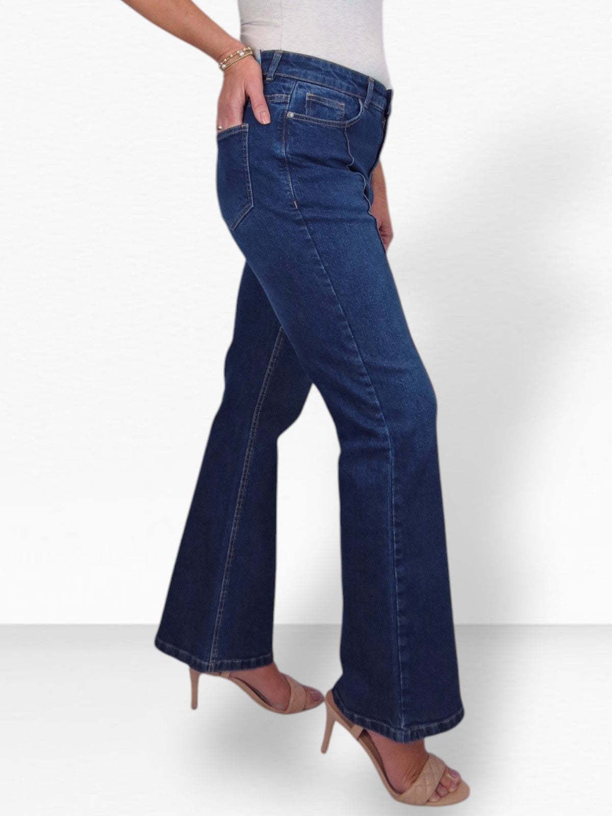 Womens Flared Jeans with Pintuck Seam Detail Denim Dark Blue Faded