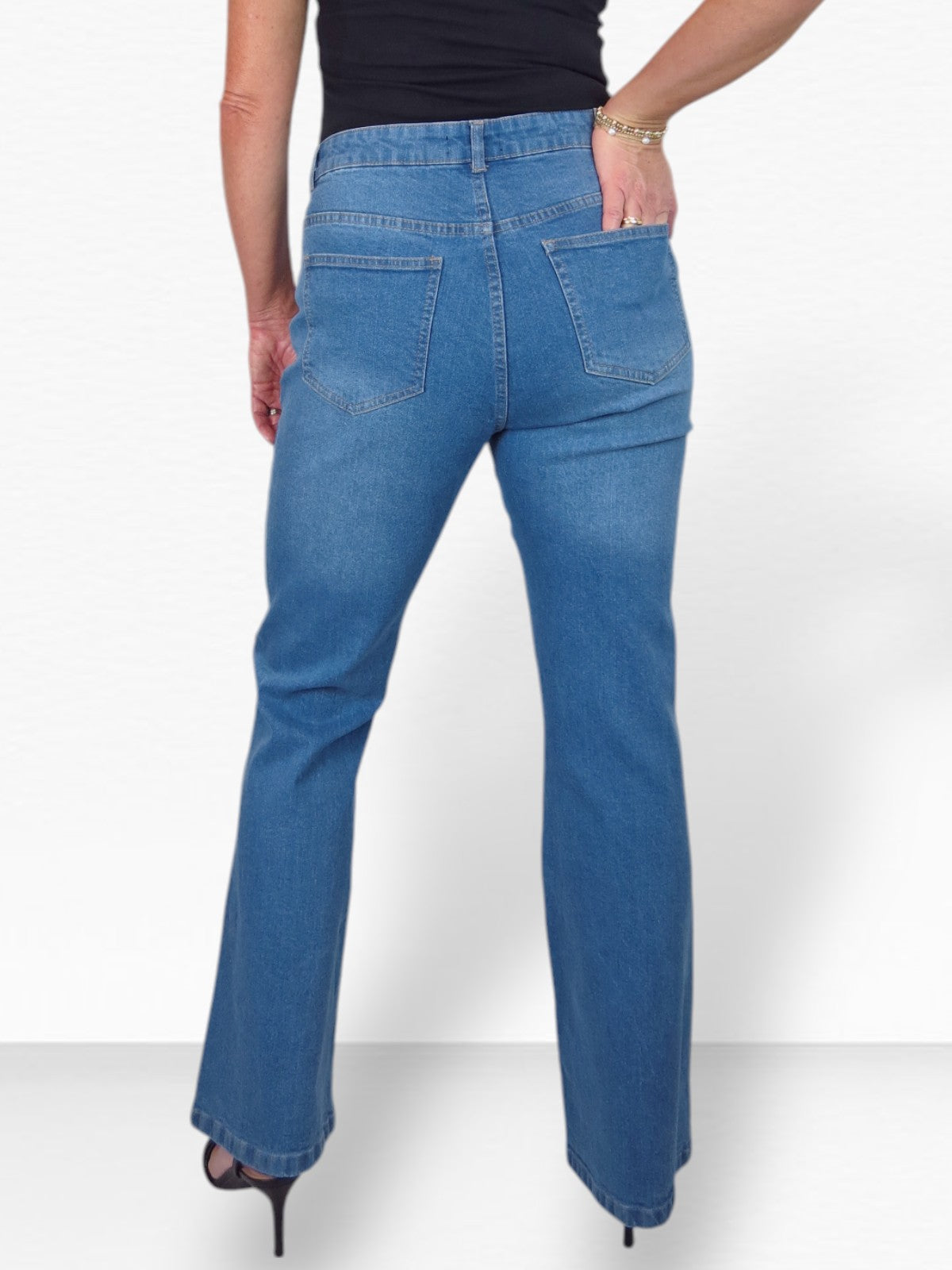Womens Flared Jeans with Pintuck Seam Detail Denim Mid Blue Faded