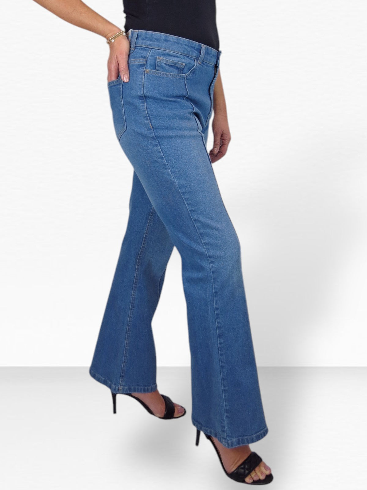 Womens Flared Jeans with Pintuck Seam Detail Denim Mid Blue Faded