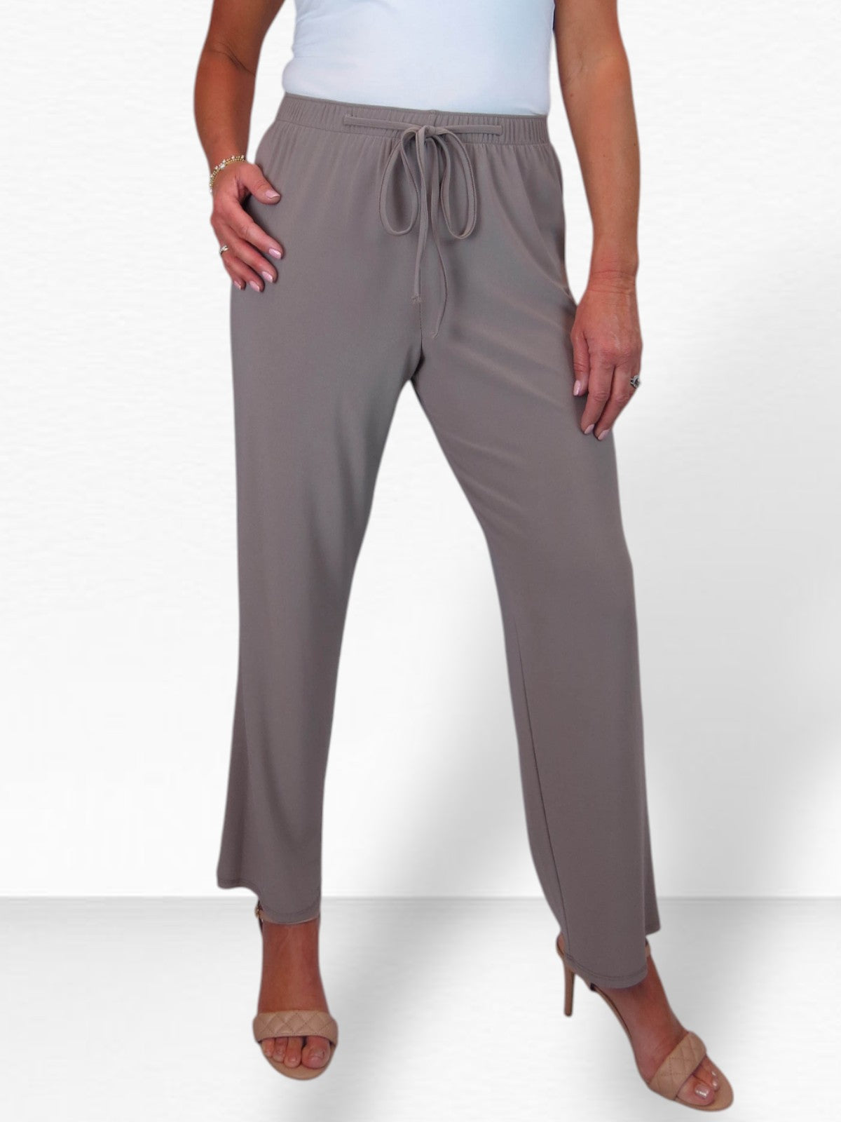 Women's Elasticated Waist Straight Leg Trousers Taupe