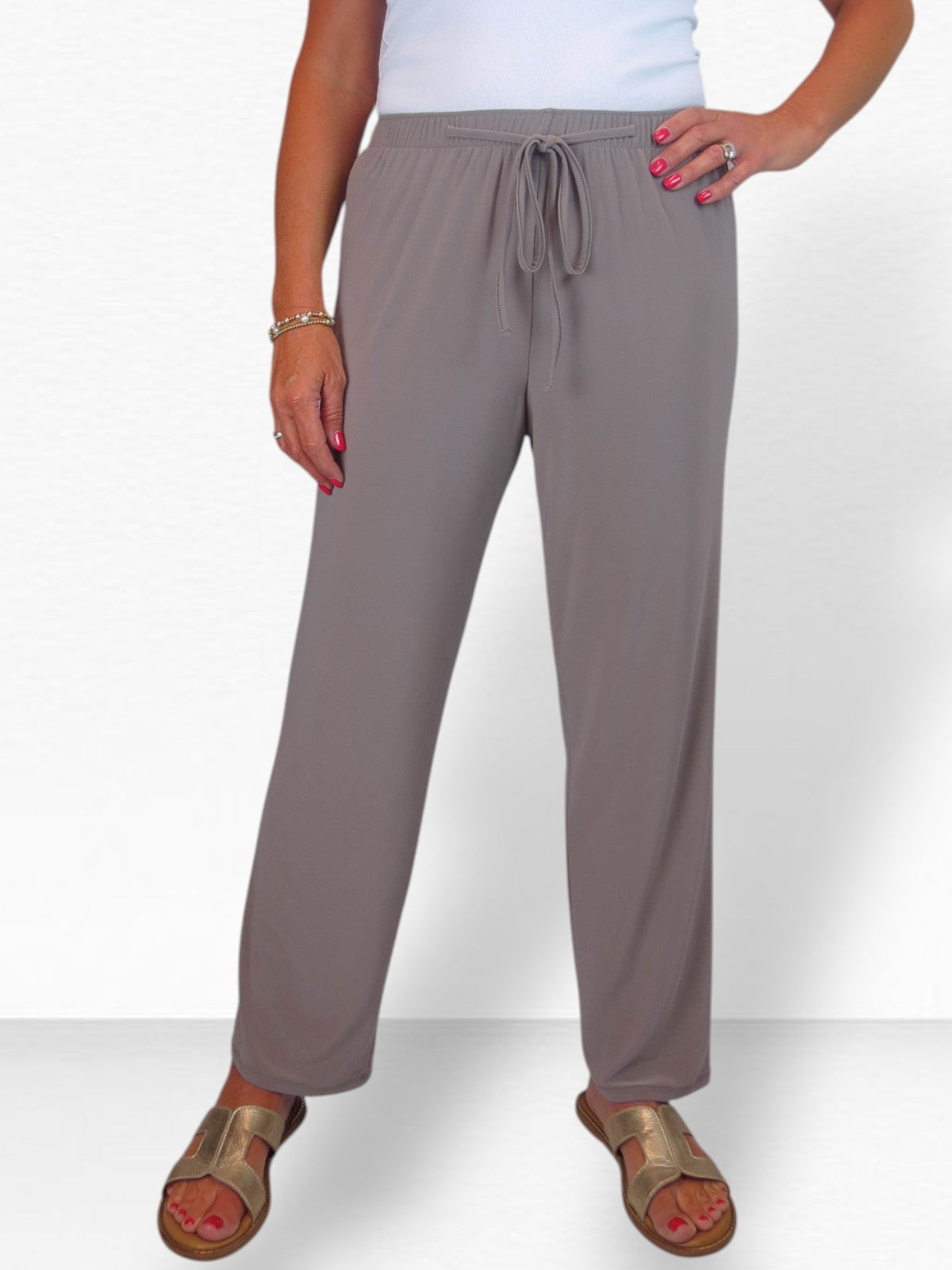 Women's Elasticated Waist Straight Leg Trousers Taupe