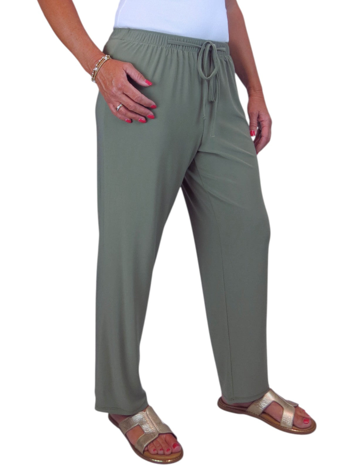 Women's Elasticated Waist Straight Leg Trousers Olive Green