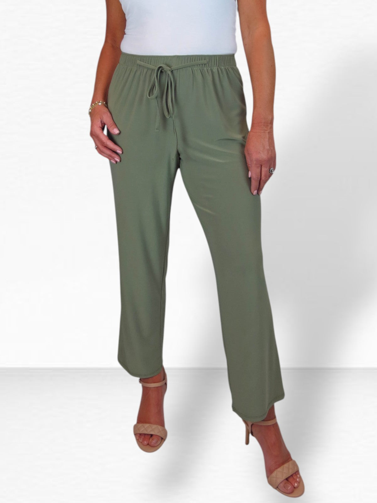 Women's Elasticated Waist Straight Leg Trousers Olive Green