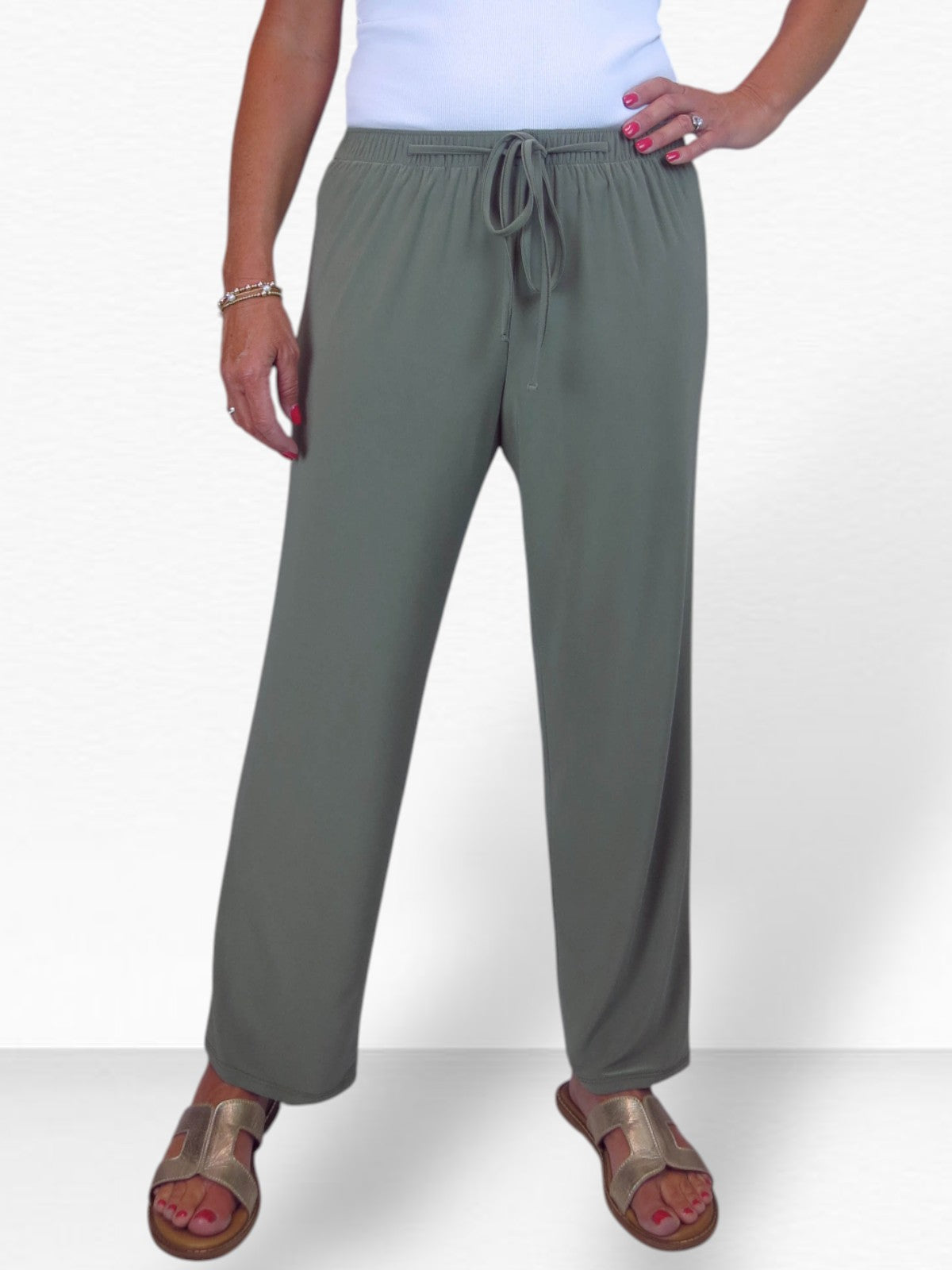 Women's Elasticated Waist Straight Leg Trousers Olive Green