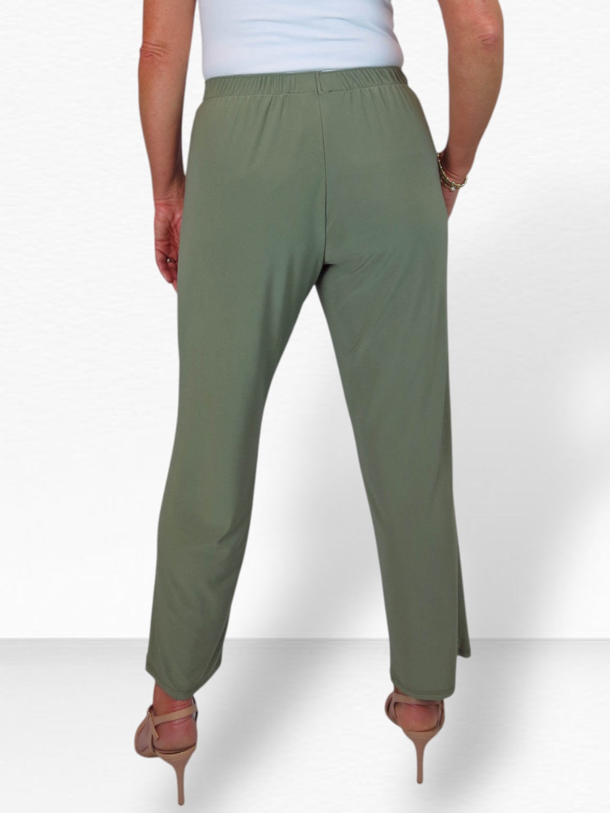 Women's Elasticated Waist Straight Leg Trousers Olive Green