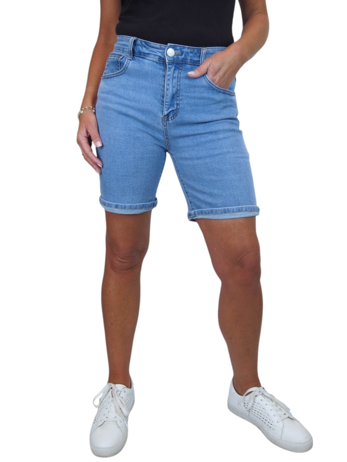 Womens Stretch Denim Shorts Slim Fit Mid Blue Faded