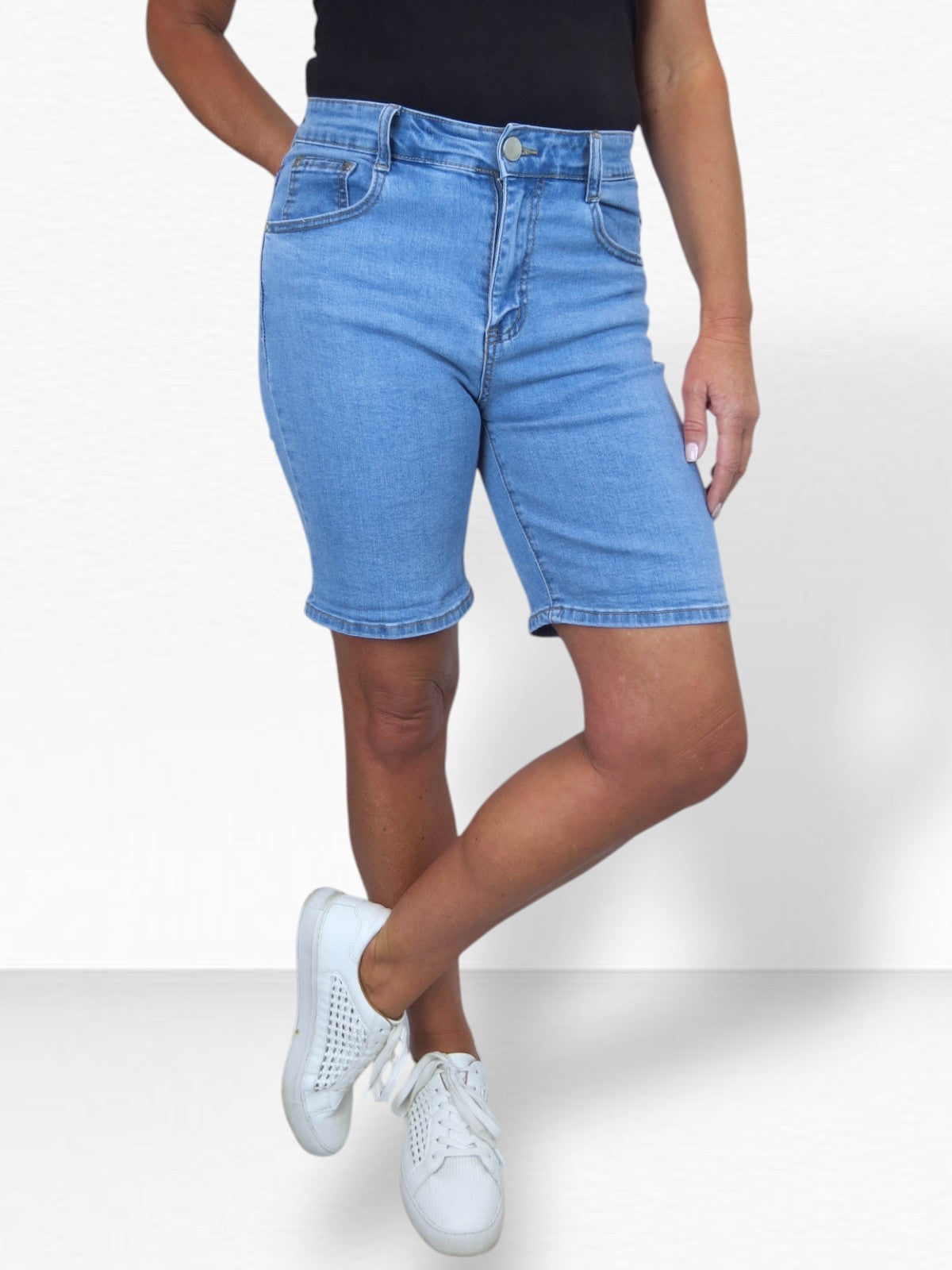Womens Stretch Denim Shorts Slim Fit Mid Blue Faded