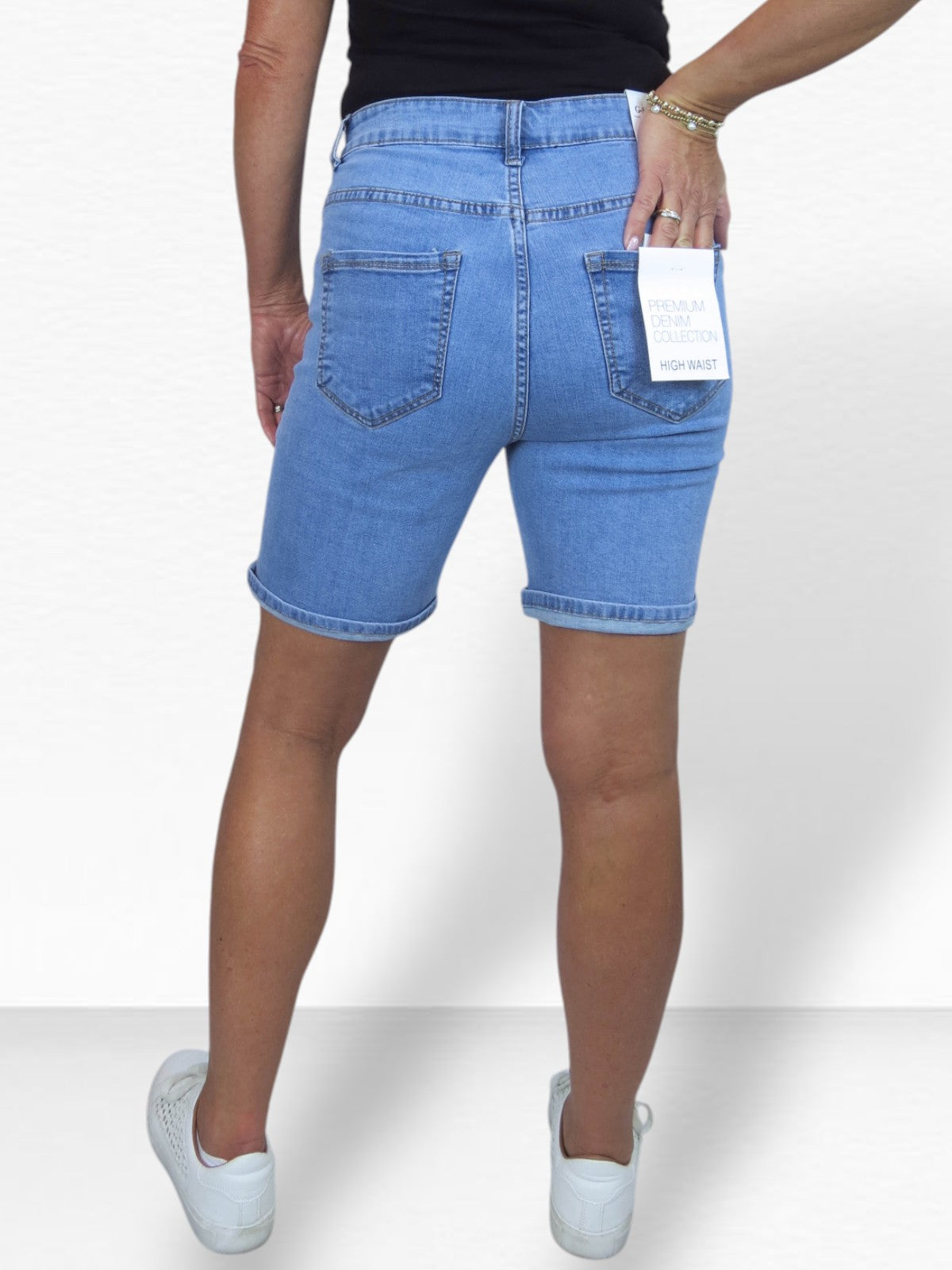 Womens Stretch Denim Shorts Slim Fit Mid Blue Faded