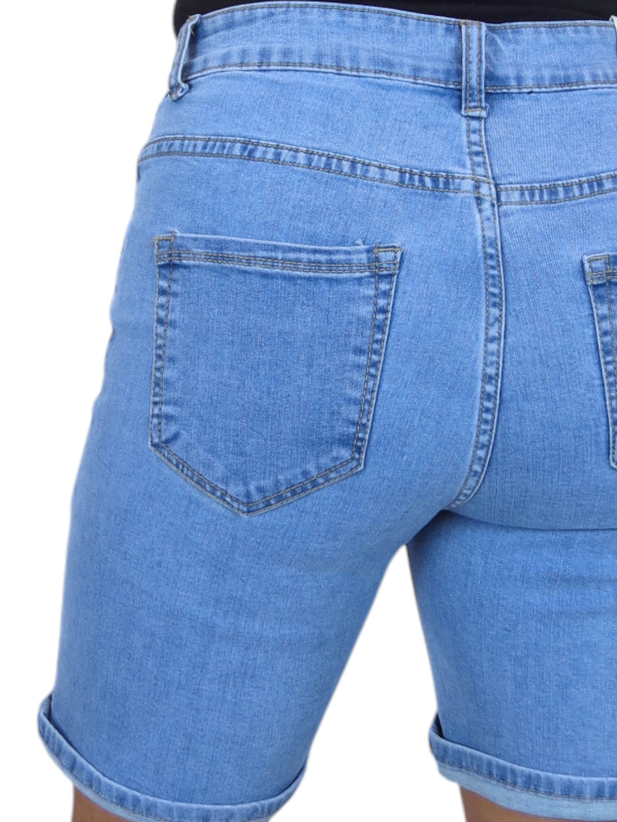 Womens Stretch Denim Shorts Slim Fit Mid Blue Faded