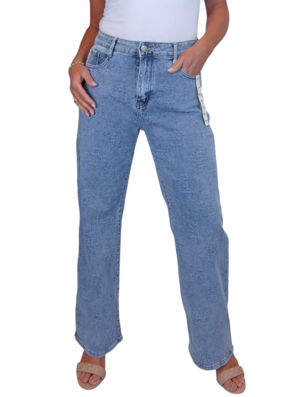 Womens Floral Stitch Design Wide Leg Denim Jeans
