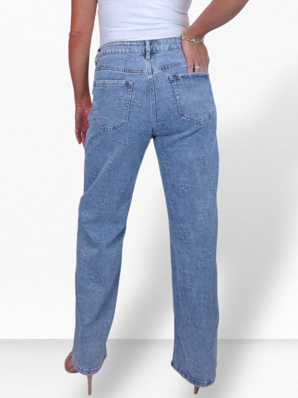 Womens Floral Stitch Design Wide Leg Denim Jeans