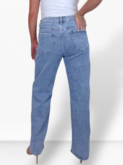 Womens Floral Stitch Deisgn Wide Leg Denim Jeans