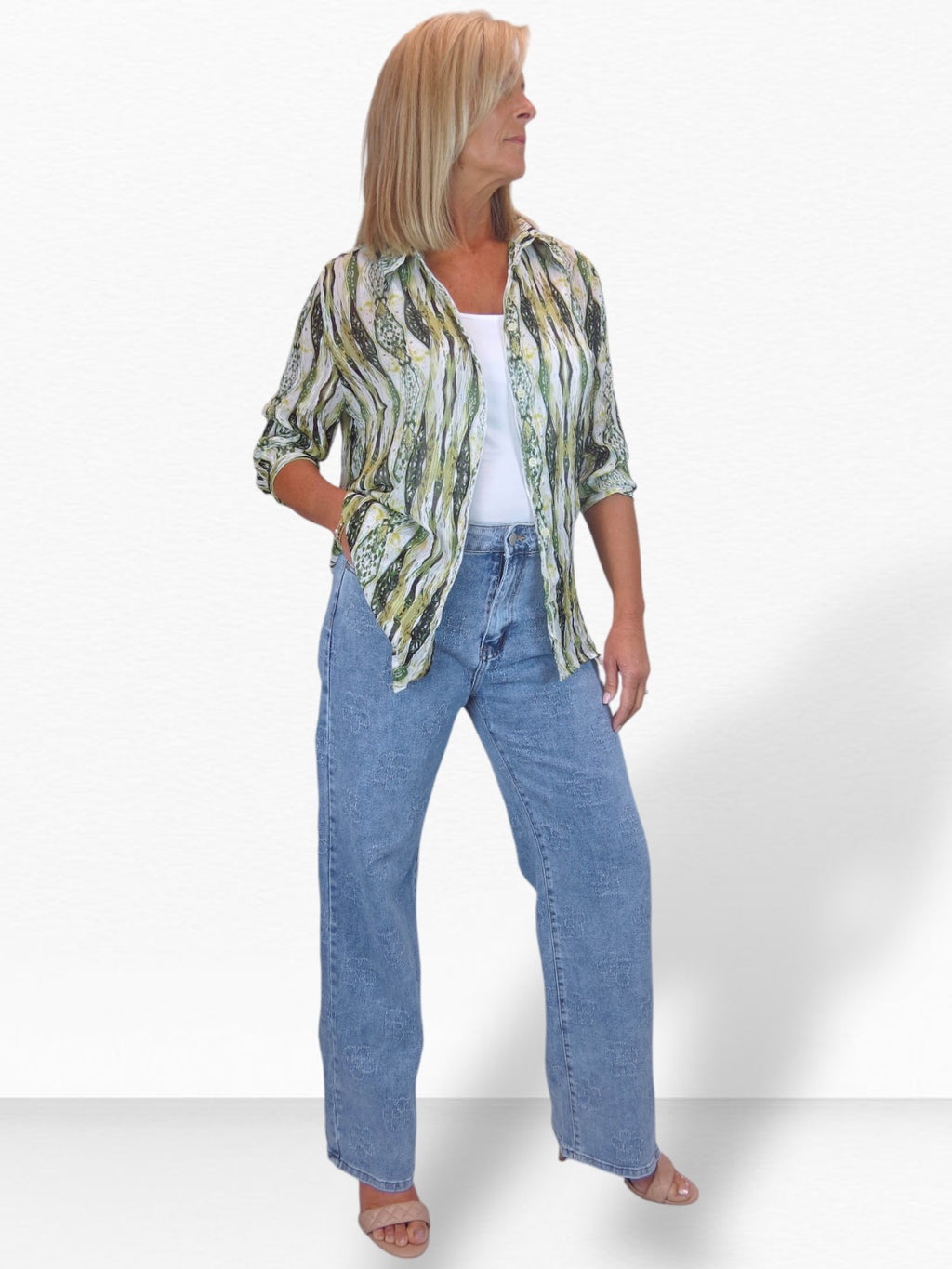Womens Floral Stitch Design Wide Leg Denim Jeans