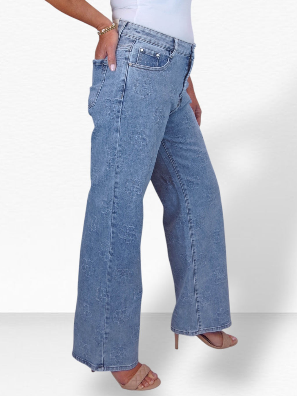 Womens Floral Stitch Design Wide Leg Denim Jeans