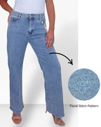 Womens Floral Stitch Design Wide Leg Denim Jeans