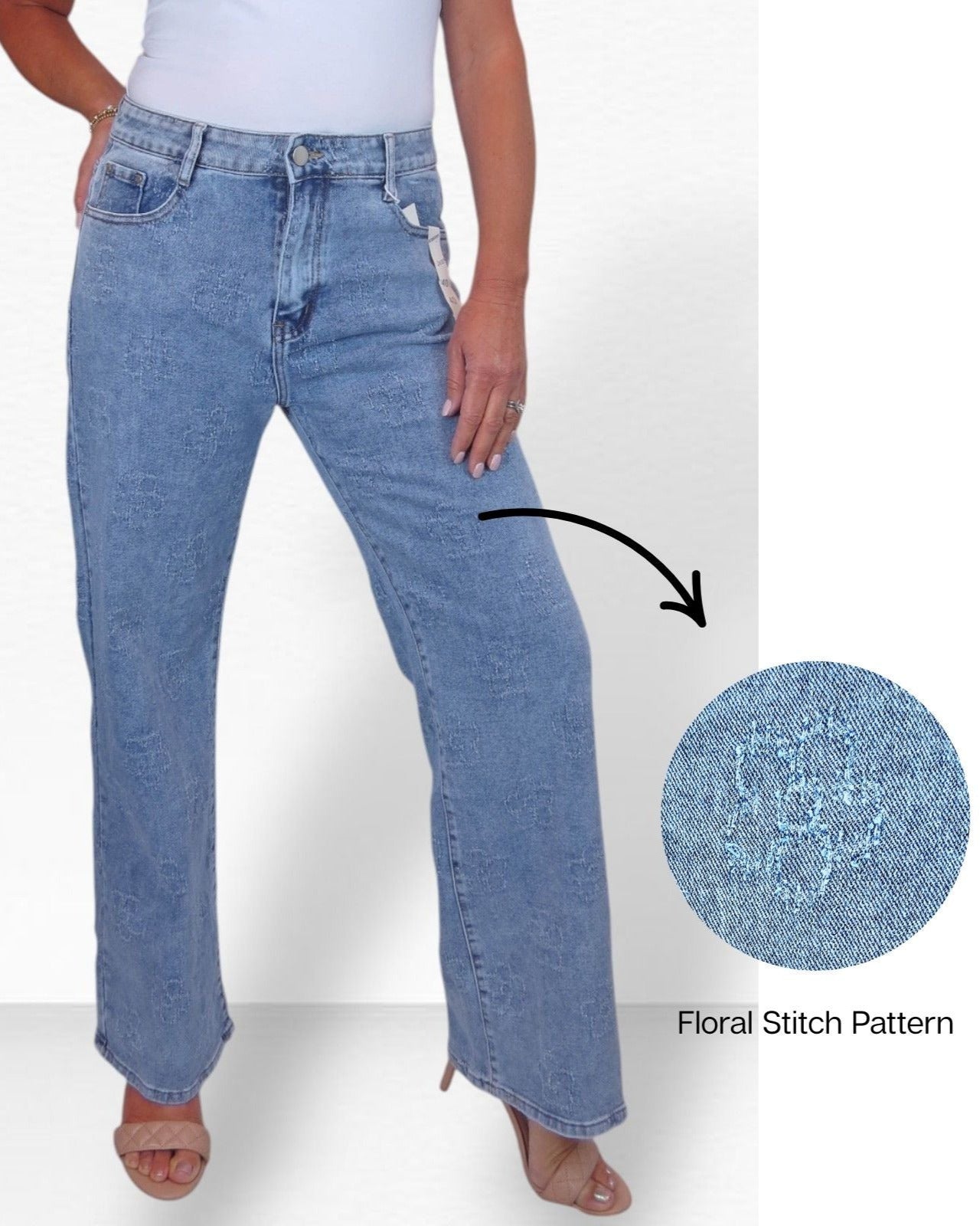 Womens Floral Stitch Deisgn Wide Leg Denim Jeans