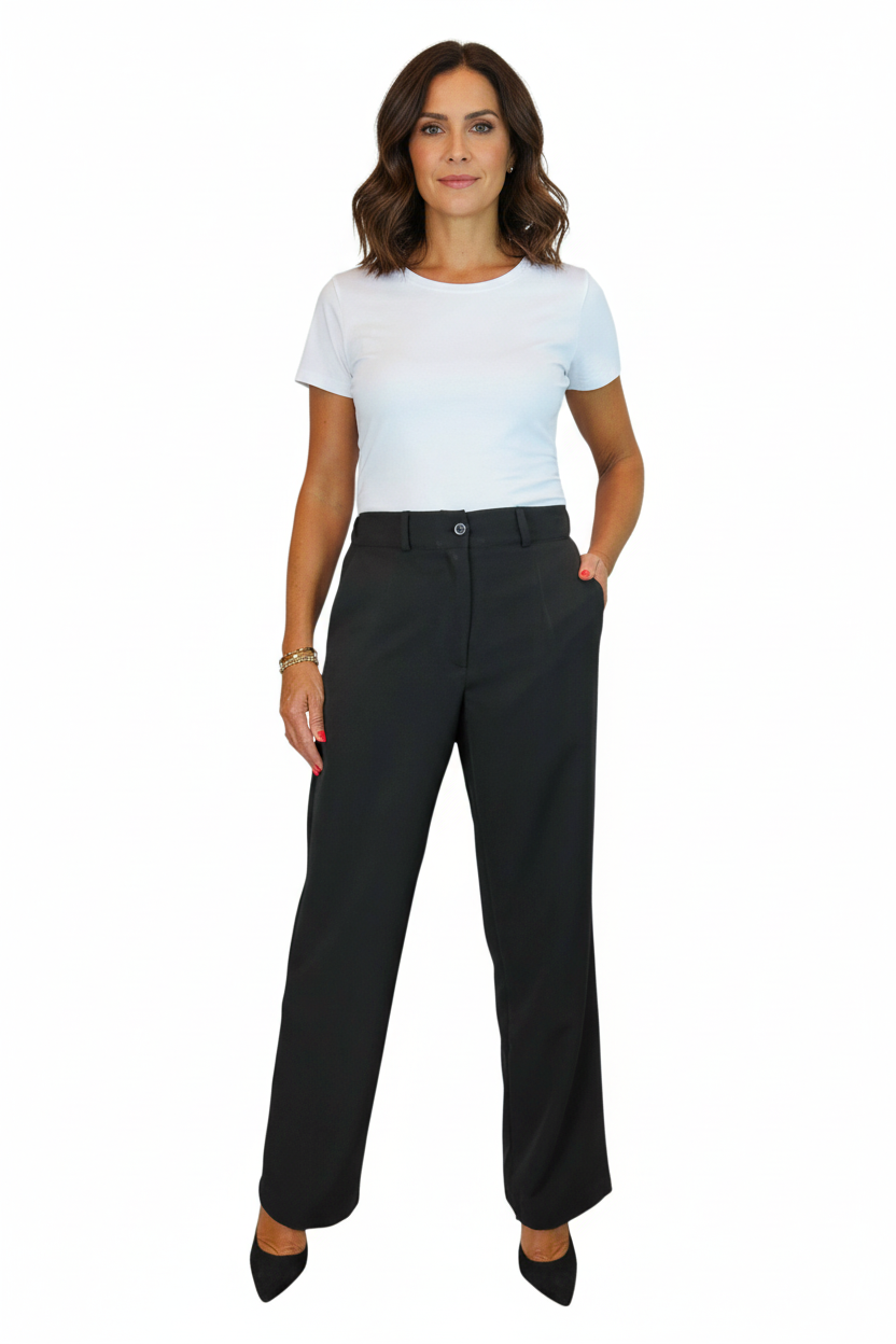 Women's Smart Straight Leg Trousers With Half Elasticated Waist Black