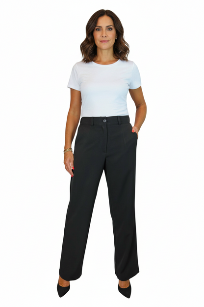 Women's Smart Straight Leg Trousers With Half Elasticated Waist Black