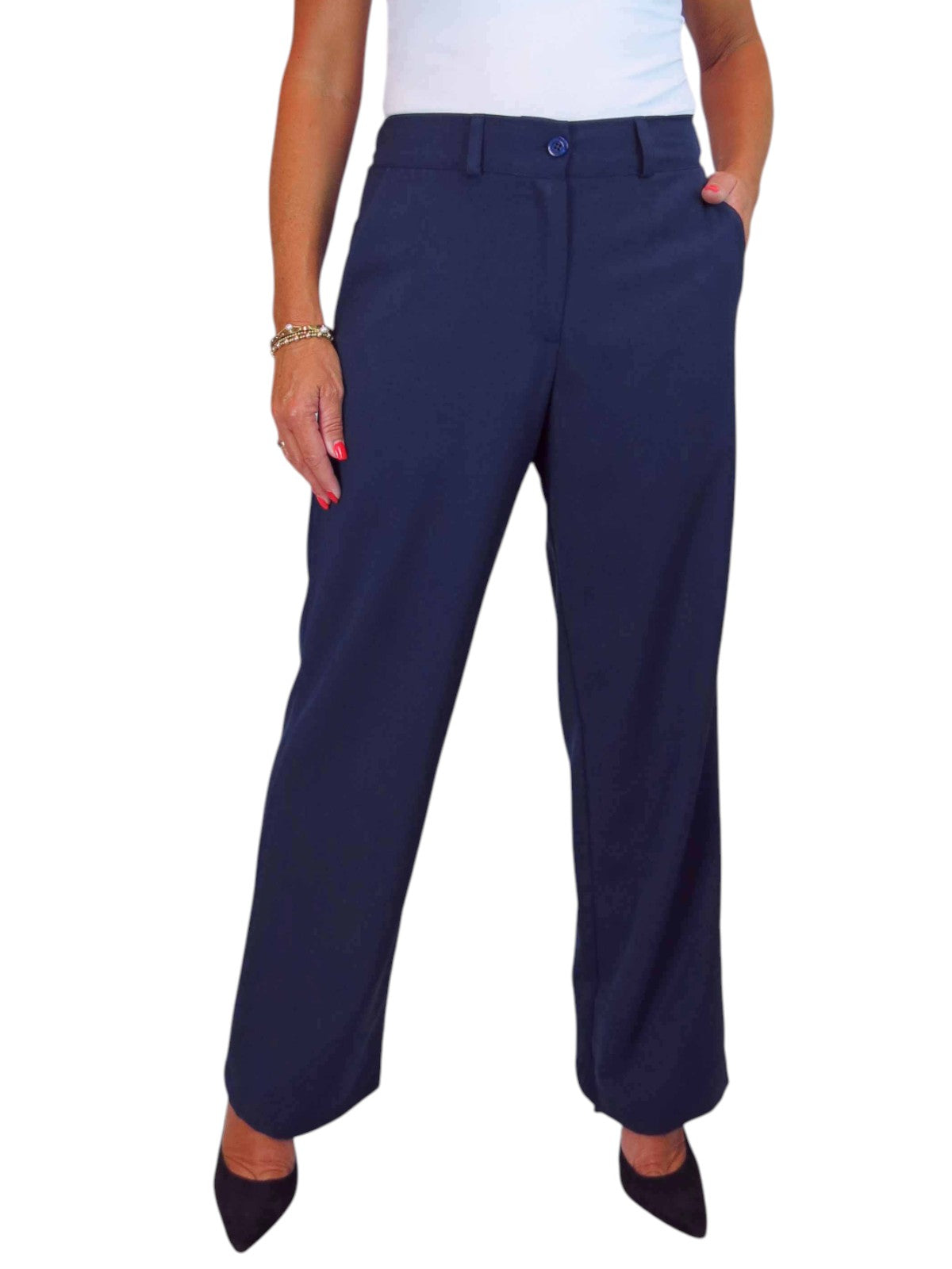 Women's Smart Straight Leg Trousers With Half Elasticated Waist Navy Blue