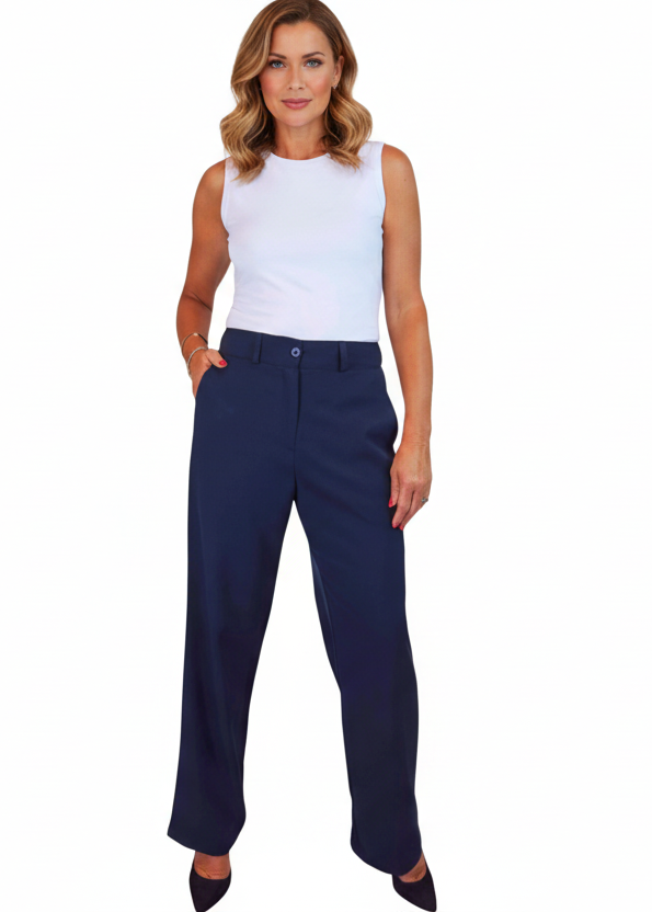 Women's Smart Straight Leg Trousers With Half Elasticated Waist Navy Blue