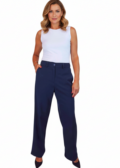 Women's Smart Straight Leg Trousers With Half Elasticated Waist Navy Blue