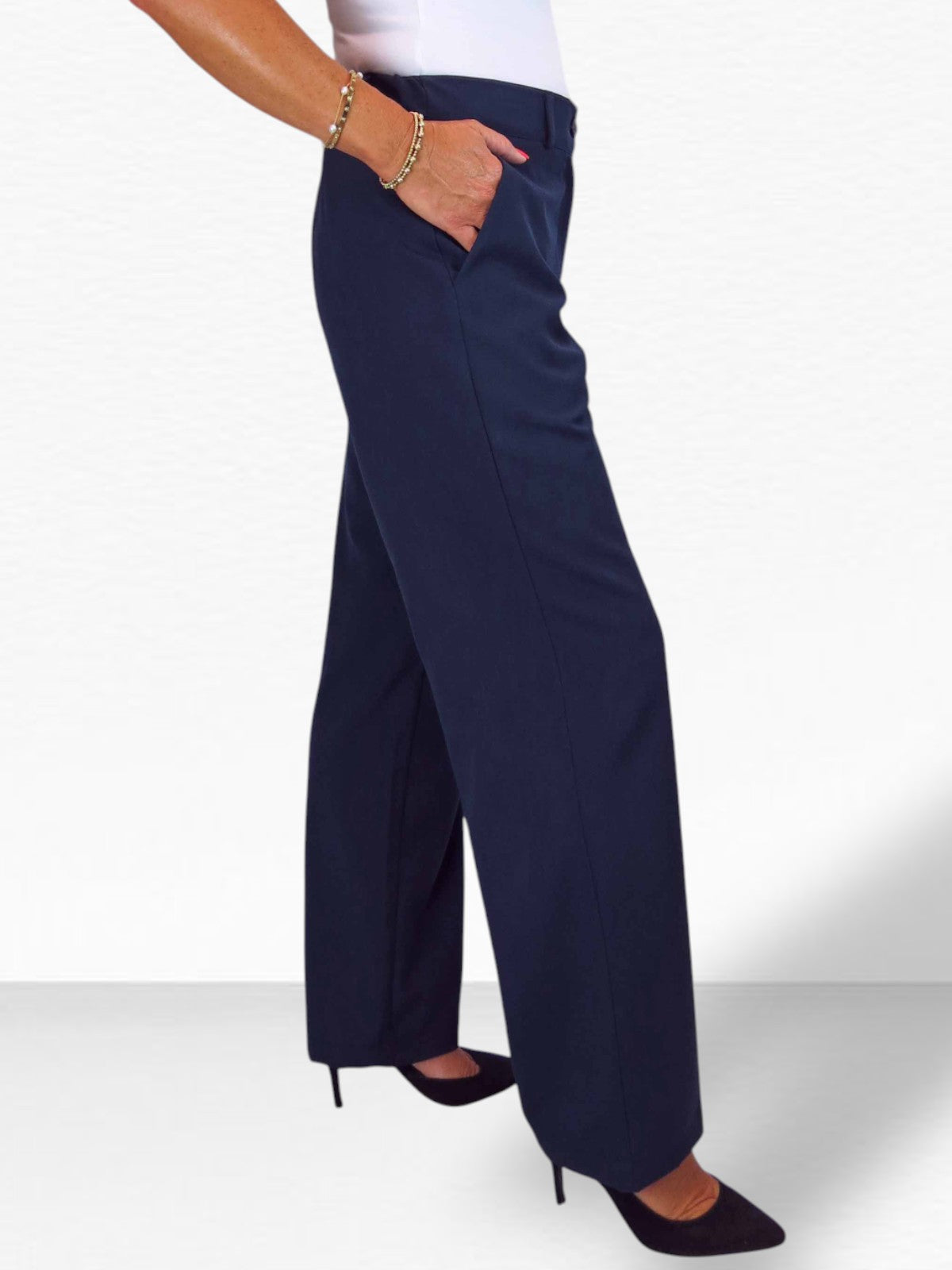 Women's Smart Straight Leg Trousers With Half Elasticated Waist Navy Blue