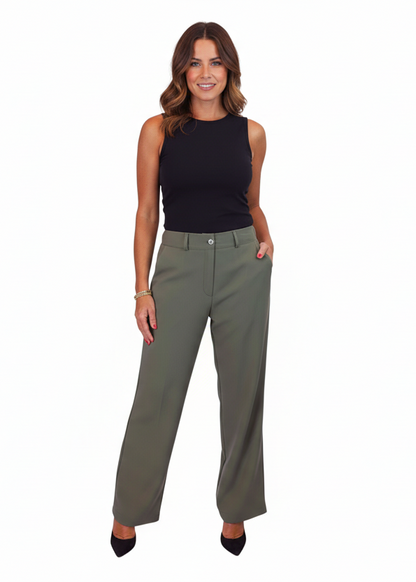 Women's Smart Straight Leg Trousers With Half Elasticated Waist Khaki Green