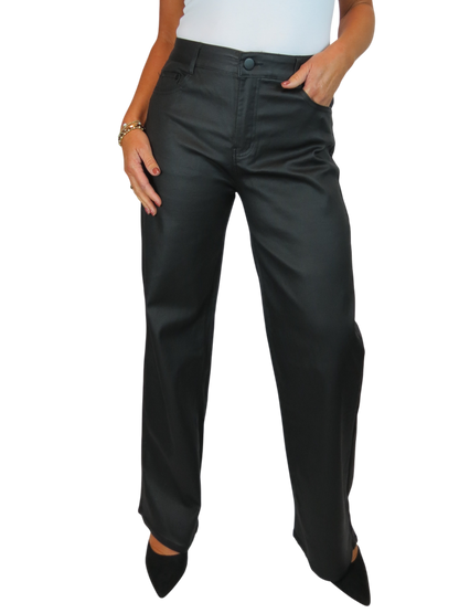 Wide Leg Coated Leather Look Jeans Black