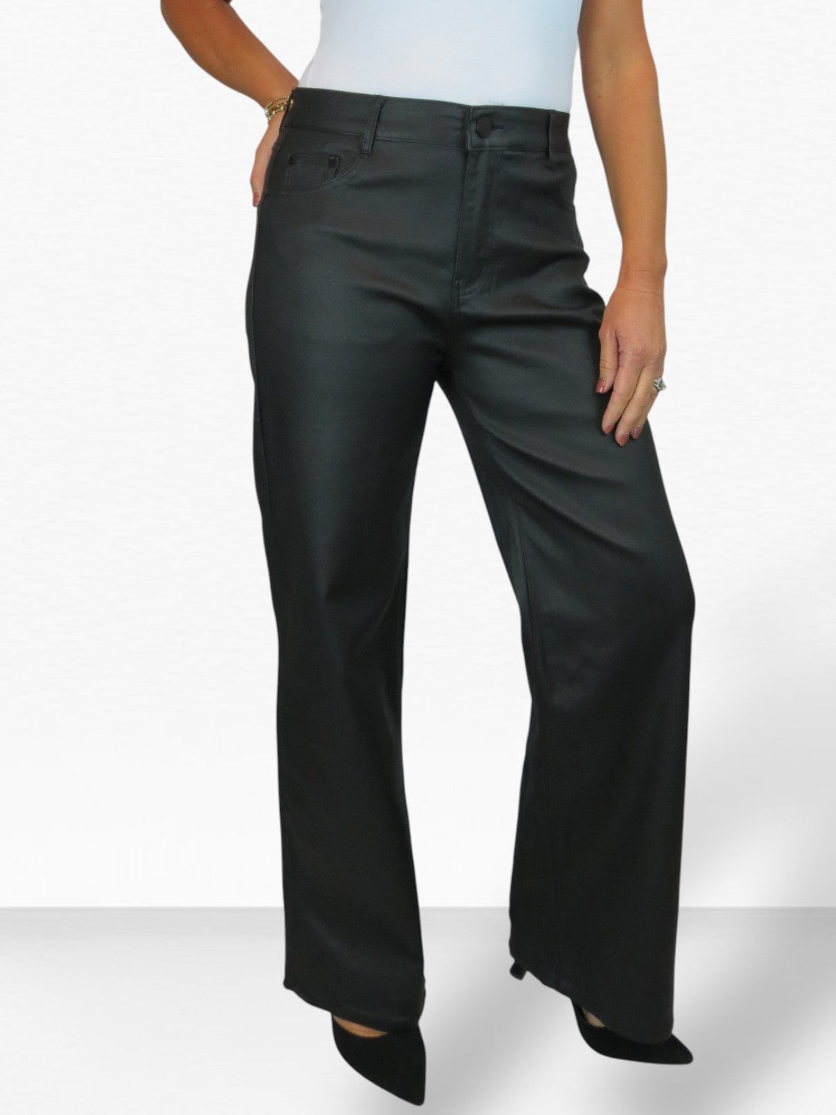 Wide Leg Coated Leather Look Jeans Black