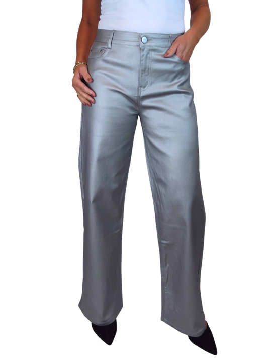 Wide Leg Coated Leather Look Jeans Silver