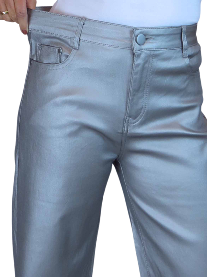 Wide Leg Coated Leather Look Jeans Silver