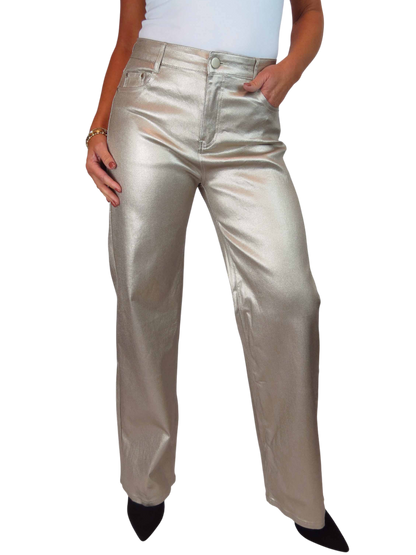 Wide Leg Coated Leather Look Jeans Gold