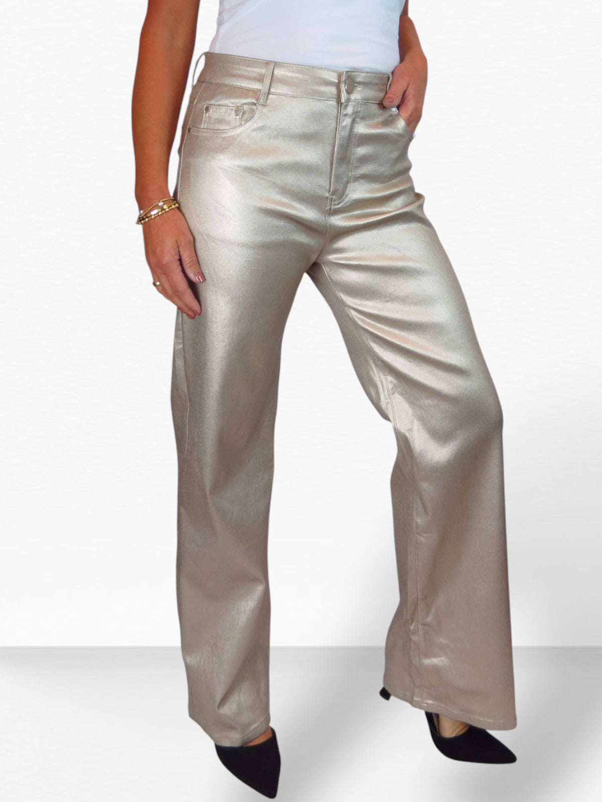 Wide Leg Coated Leather Look Jeans Gold