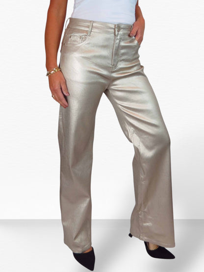 Wide Leg Coated Leather Look Jeans Gold