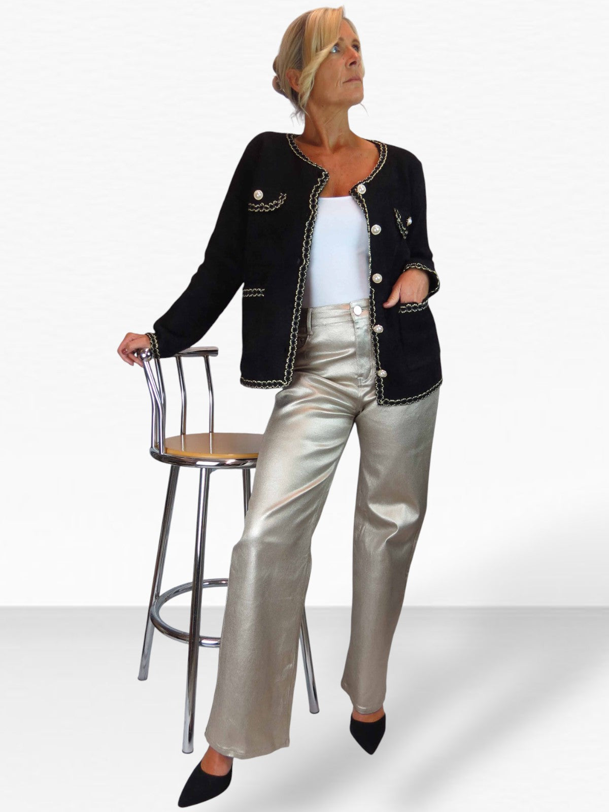 Wide Leg Coated Leather Look Jeans Gold