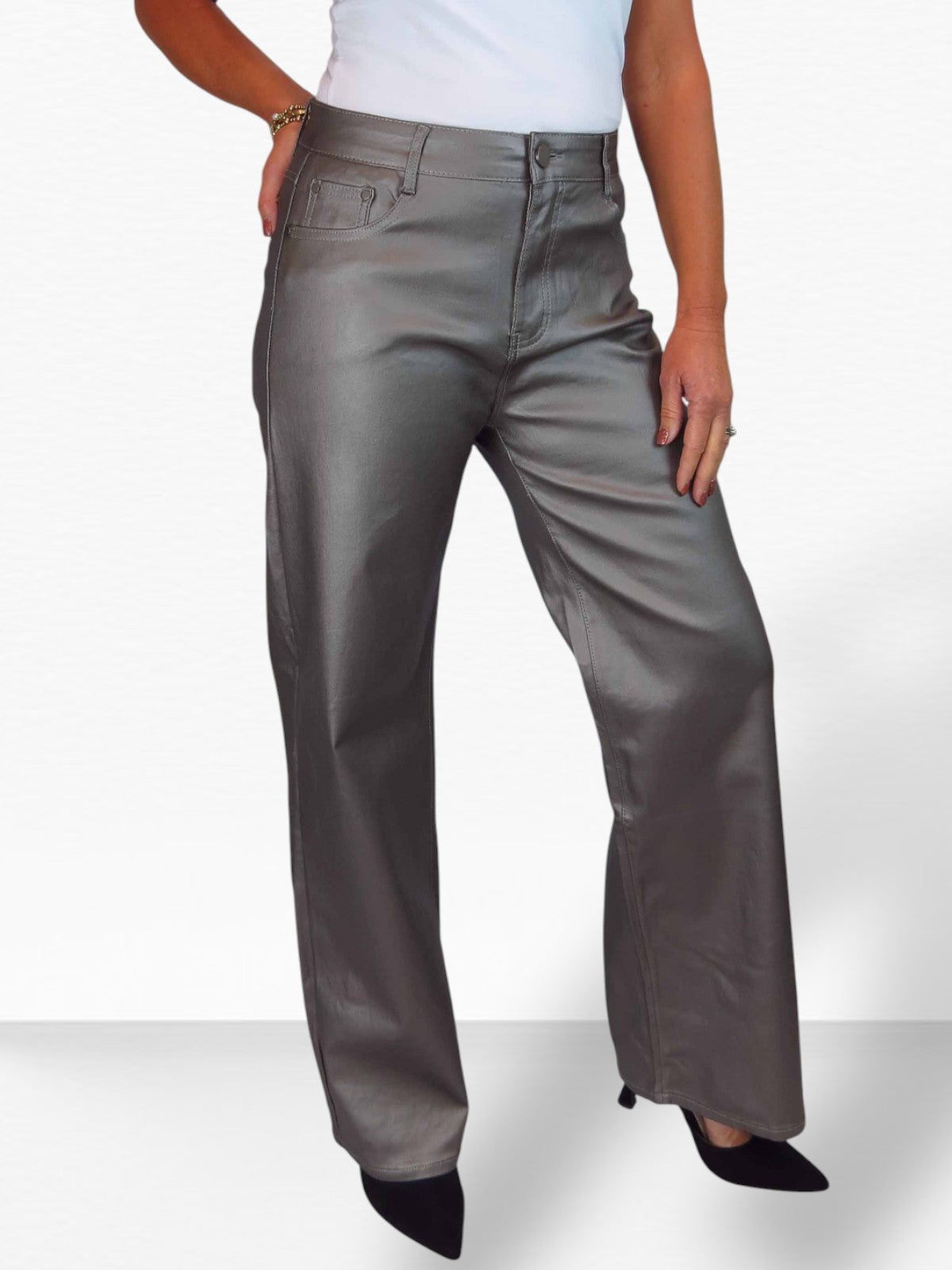 Wide Leg Coated Leather Look Jeans Pewter