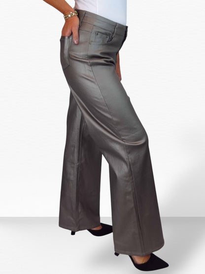 Wide Leg Coated Leather Look Jeans Pewter