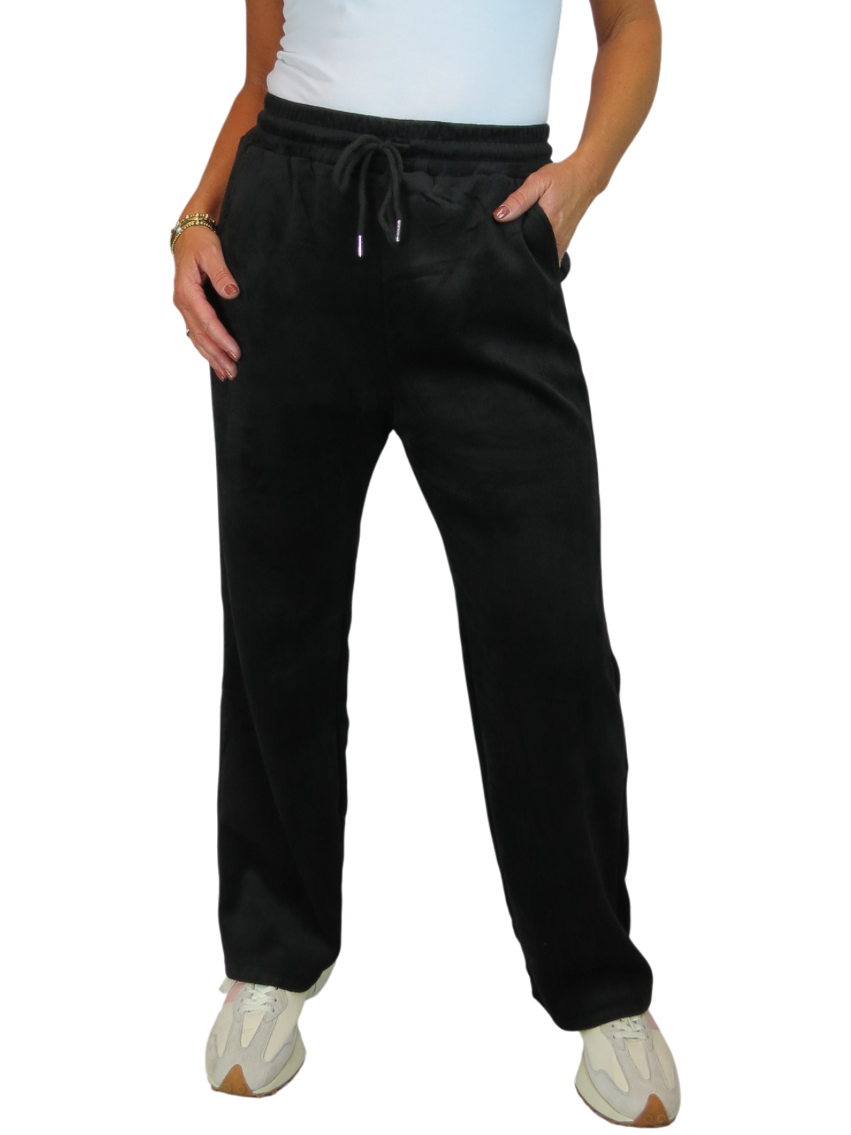 Straight Leg Elastic Waist Corduroy Trousers Black