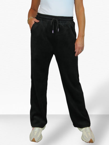 Straight Leg Elastic Waist Corduroy Trousers Black