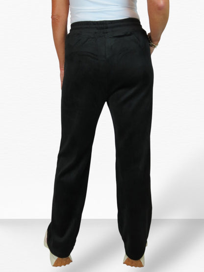 Straight Leg Elastic Waist Corduroy Trousers Black