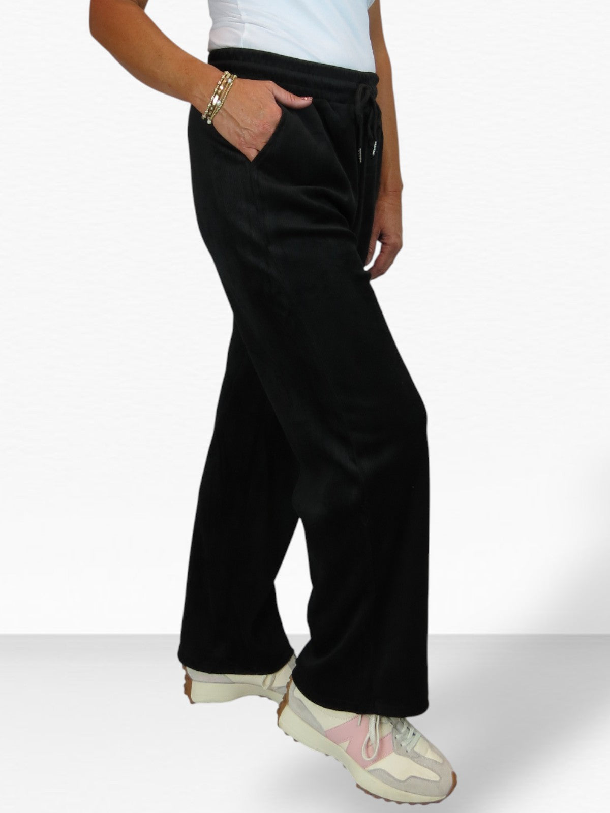 Straight Leg Elastic Waist Corduroy Trousers Black