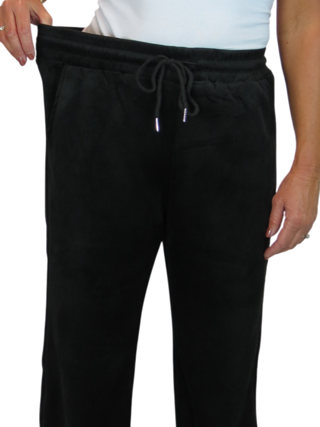 Straight Leg Elastic Waist Corduroy Trousers Black