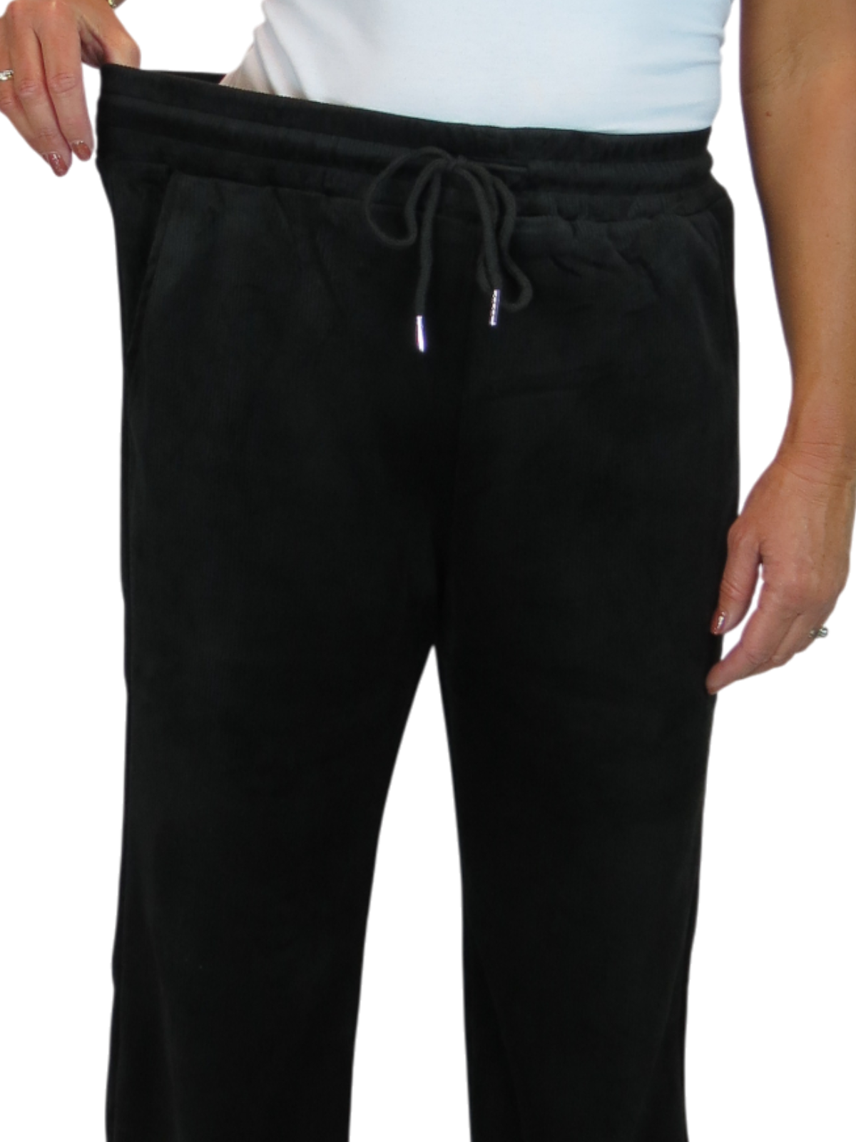 Straight Leg Elastic Waist Corduroy Trousers Black