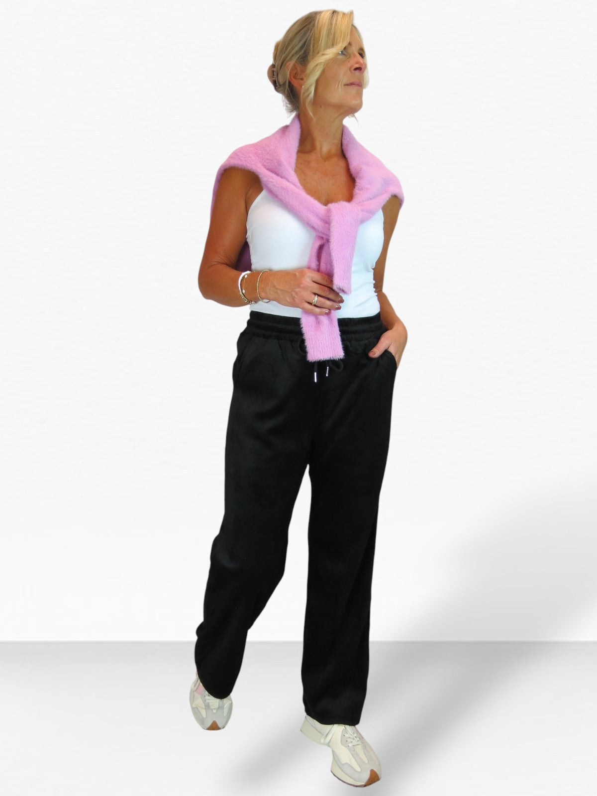 Straight Leg Elastic Waist Corduroy Trousers Black