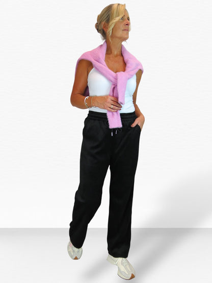 Straight Leg Elastic Waist Corduroy Trousers Black