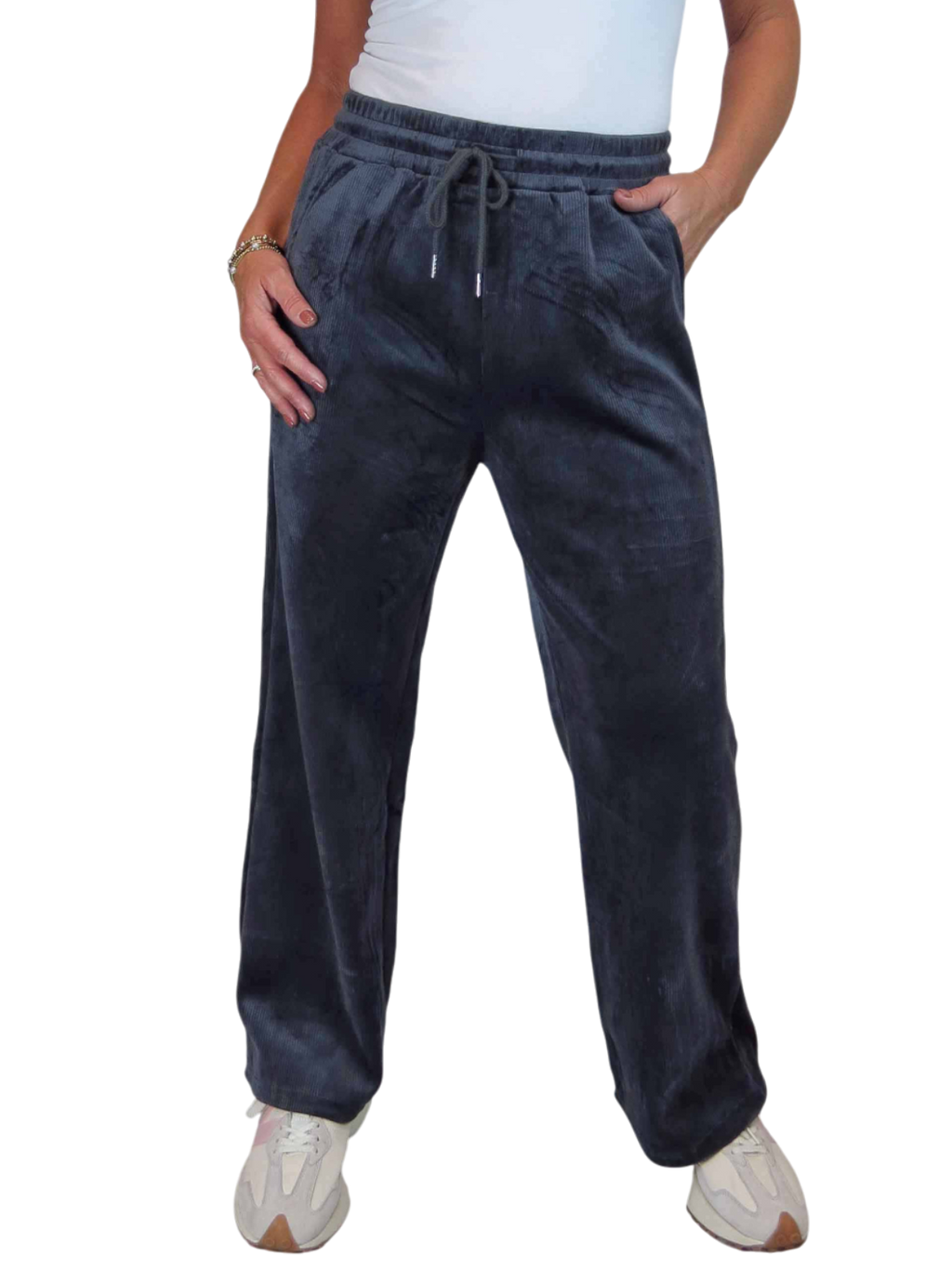 Straight Leg Elastic Waist Corduroy Trousers Dark Grey