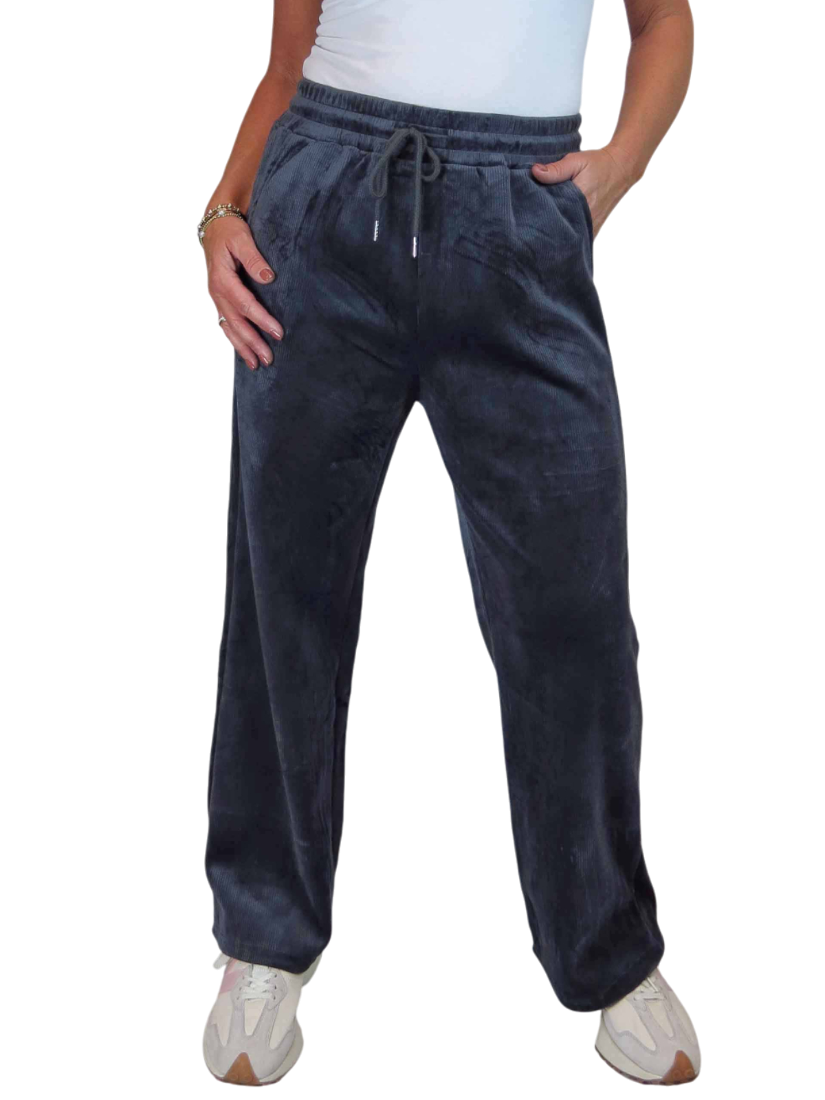 Straight Leg Elastic Waist Corduroy Trousers Dark Grey