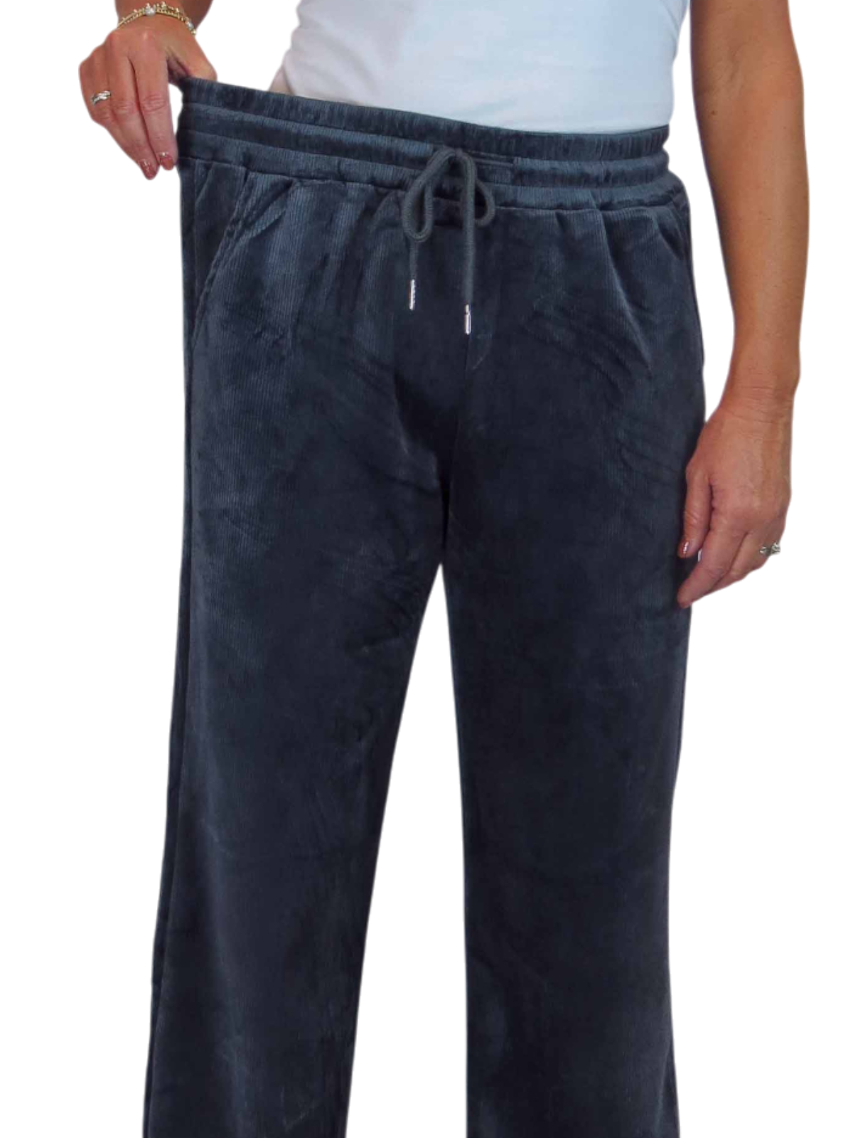 Straight Leg Elastic Waist Corduroy Trousers Dark Grey