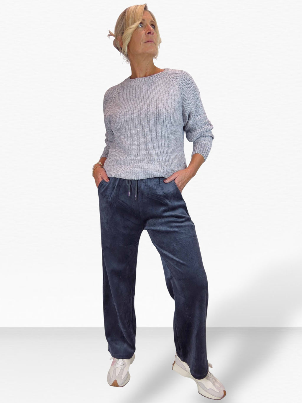 Straight Leg Elastic Waist Corduroy Trousers Dark Grey